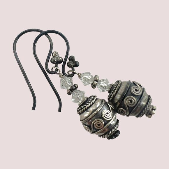 Hand Crafted Jewelry - Bali Oxidized Silver Drop Earrings  with Clear Crystal Bicones on Silver Wires